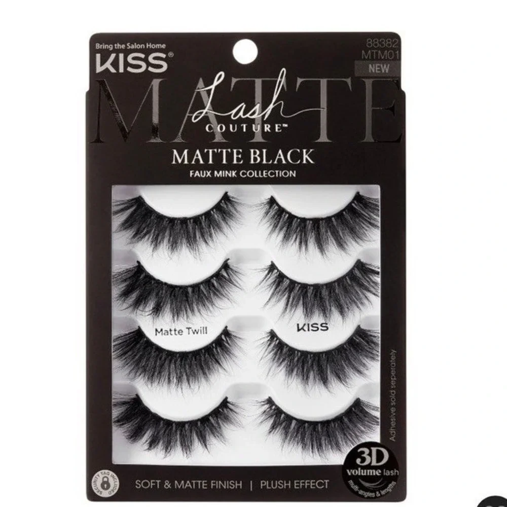 KISS False Eyelashes Womens 4 Pairs 3pk Matte Black Faux Mink Matte Twill NWT